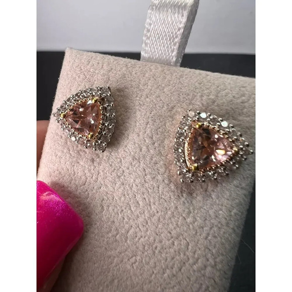 STS Jewelry - Morganite and zircon trillion halo rose gold over sterling stud earrings